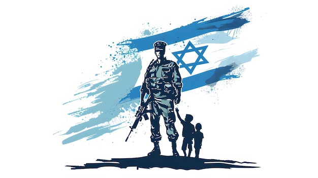 Photo silhouette de soldats et d'enfants drapeau d'israël concept des forces armées d'israël