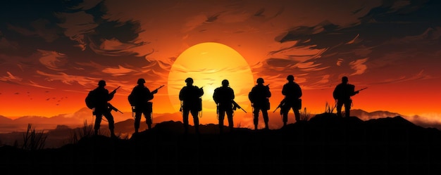 Silhouette de soldats sur fond de coucher de soleil sur dessert poussiéreux guerre AI générative