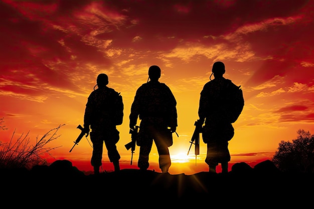 Silhouette de soldats sur le fond du coucher de soleil