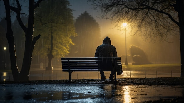 Une silhouette solitaire courbée de tristesse dans un parc désert