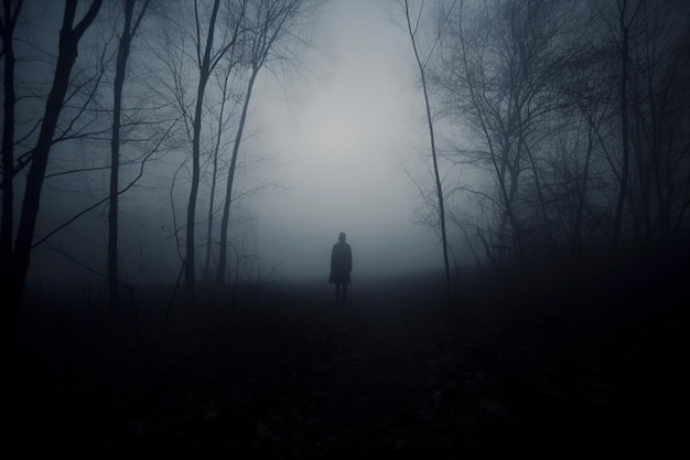 Silhouette sombre debout dans le brouillard marchant seul