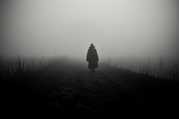 Silhouette sombre debout dans le brouillard marchant seul