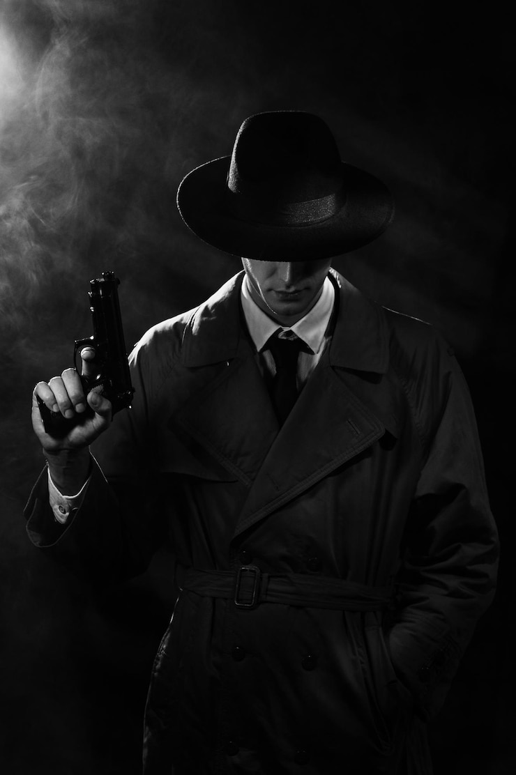 Photo une silhouette sombre d'un détective masculin dans un manteau et un chapeau avec un pistolet dans ses mains dans le style noir la tête est baissée un portrait noir dramatique dans le style des détectives des années 1960
