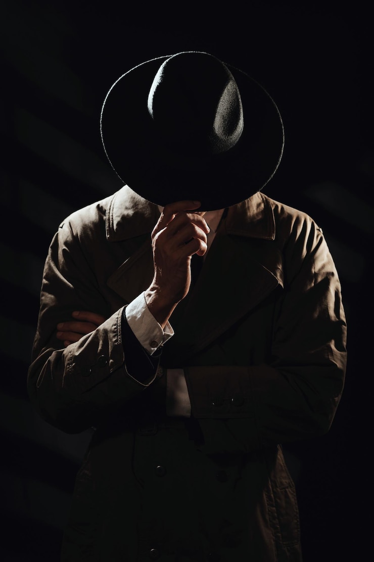 Photo une silhouette sombre d'un homme du visage dans un manteau et un chapeau un portrait dramatique dans le style des films policiers et des livres d'espionnage des années 1950 et 1960