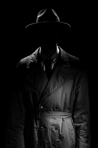 Photo une silhouette sombre d'un homme sans visage dans un manteau et un chapeau dans le style noir un portrait dramatique dans le style des films policiers des années 50 et 60 la silhouette d'un espion