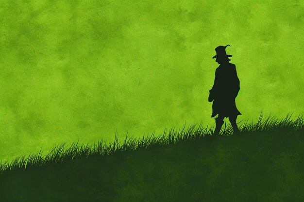 Silhouette sombre d'un leprechaun surface verte texturée être mythique irlandais copie de concept festif