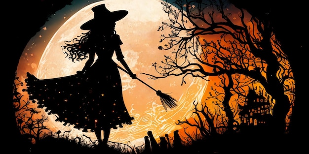 silhouette de sorcière debout marchant dans une forêt effrayante avec la pleine lune géante en arrière-plan