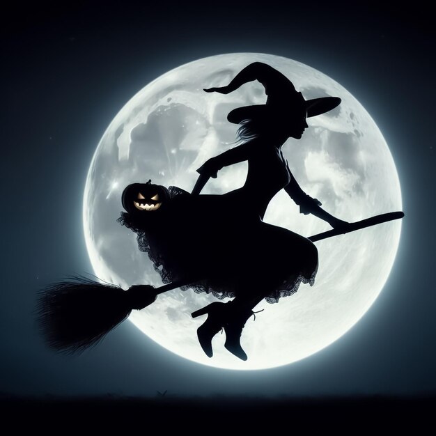 Photo une silhouette d'une sorcière avec pompage volant sur un balai la nuit avec une pleine lune et dans le ba
