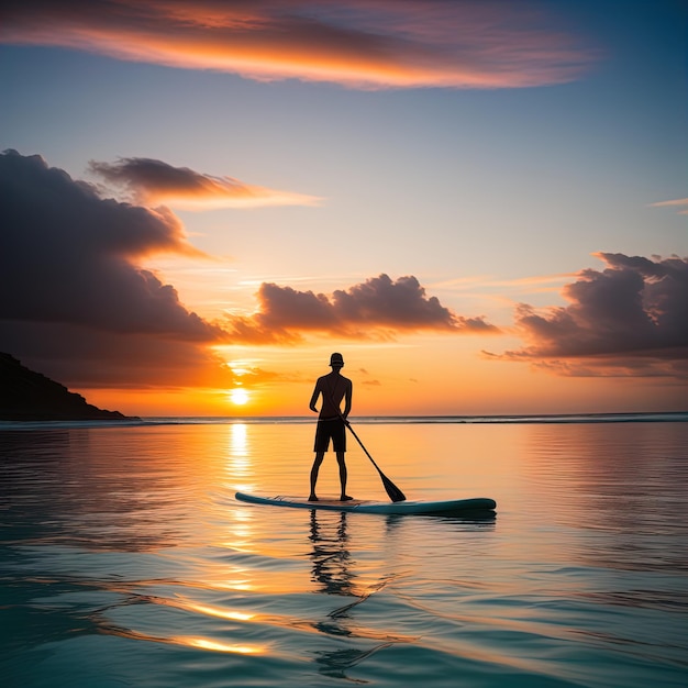 Photo silhouette d'un surfeur avec une planche au coucher du soleil surfeur dans l'océan au coucher de soleil