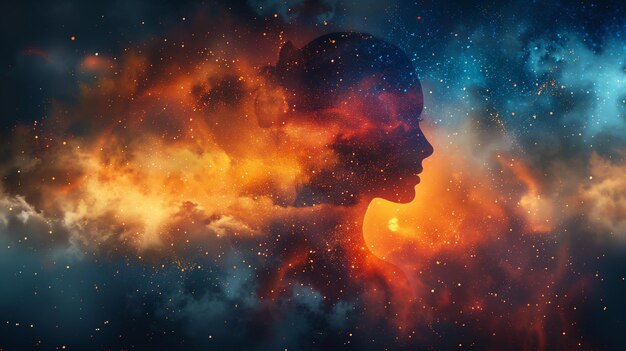 Silhouette de tête de femme étoiles fusionnant avec le ciel cosmique univers nébuleuse colorée