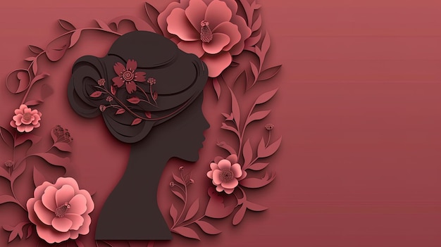 Silhouette de tête de femme avec des fleurs et des feuilles sur fond rouge ai génératif