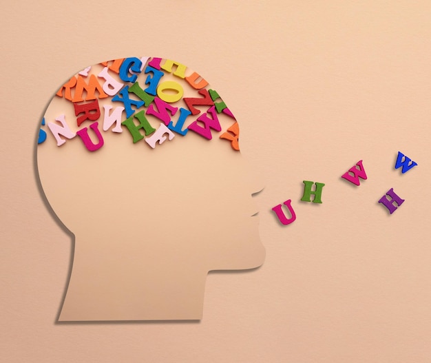 Silhouette d'une tête humaine avec des lettres dans le cerveau sur fond beige Concept d'analyse de données de traitement de l'information