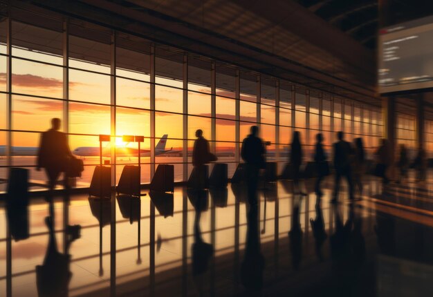 Silhouette de touriste près de la fenêtre dans les avions de l'aéroport en arrière-plan coucher de soleil concept de voyage