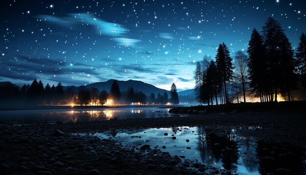Photo la silhouette tranquille du crépuscule de la montagne reflétant l'eau bleue de la nuit étoilée générée par l'ia