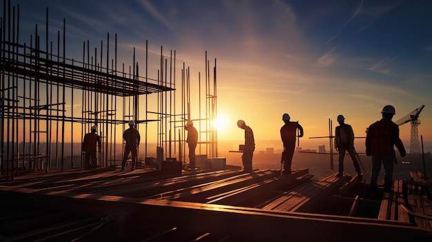 silhouette de travailleurs de la construction sur le chantier de construction au coucher du soleil fond de la fête du travail