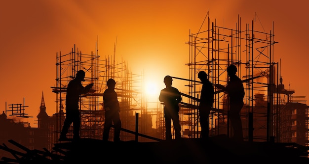 Photo silhouette des travailleurs sur le fond de la construction