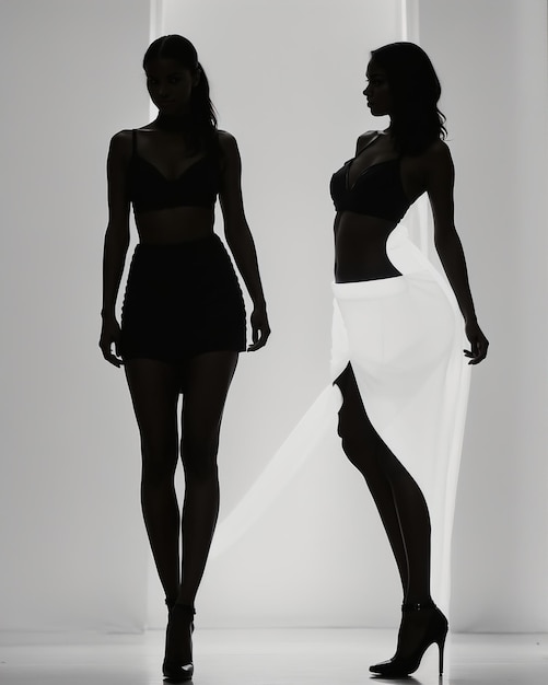 Silhouette de trois femmes en robes noires et blanches tournée en studio.