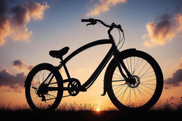 Photo silhouette d'un vélo au coucher du soleil