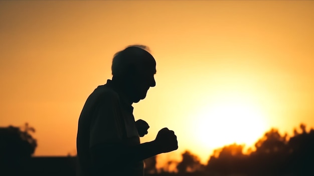 Silhouette de vieil homme le matin faisant de l'exercice à l'extérieur AI générative