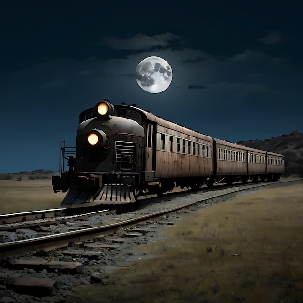 La silhouette d'un vieux train délabré sur le fond d'une lune pleine gnearée par l'IA