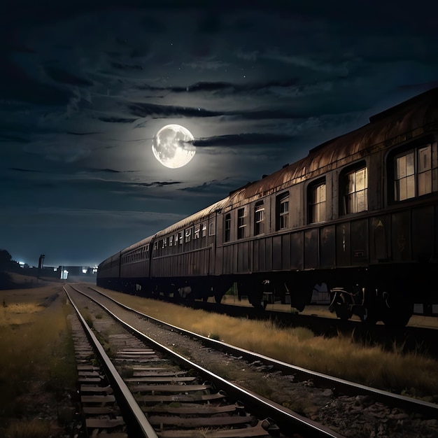 La silhouette d'un vieux train délabré sur le fond d'une lune pleine gnearée par l'IA