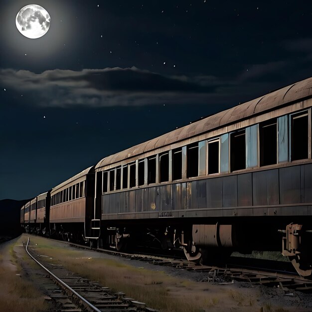 La silhouette d'un vieux train délabré sur le fond d'une lune pleine gnearée par l'IA