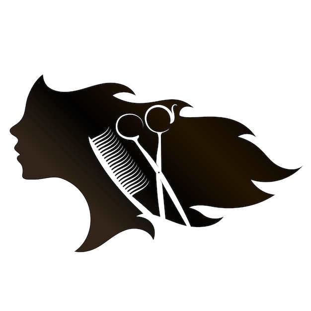 Silhouette d'un visage de fille avec des ciseaux de coupe de cheveux et un peigne