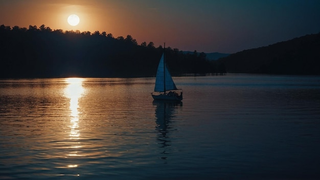 La silhouette d'un voilier au clair de lune sur un lac