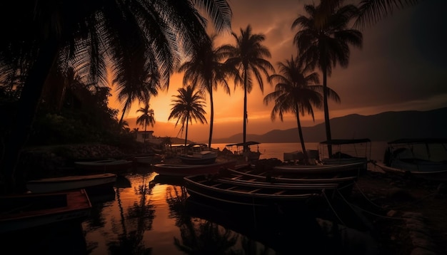 Silhouette de voilier sur un coucher de soleil orange tranquille généré par l'IA