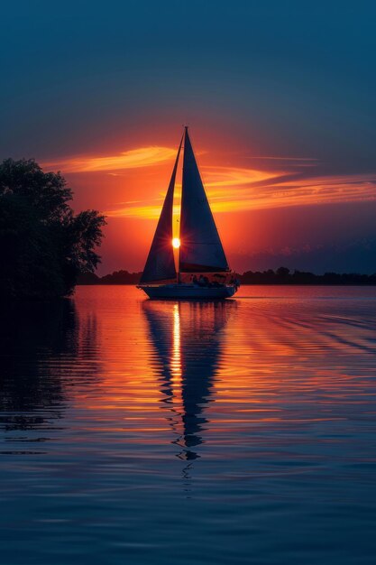 Photo silhouette d'un voilier sur un lac paisible avec un fond de coucher de soleil passant du bleu à l'orange