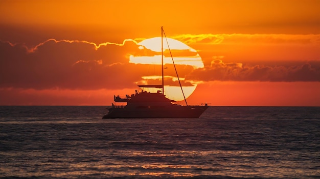 Silhouette d'un yacht dans l'océan ouvert au coucher du soleil