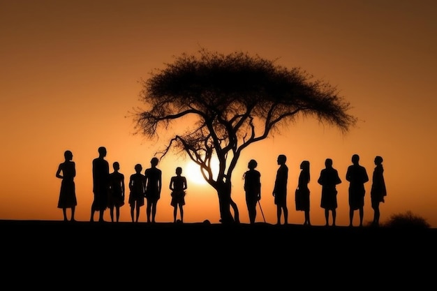 Silhouettes d'aborigènes africains au coucher du soleil Generative AI