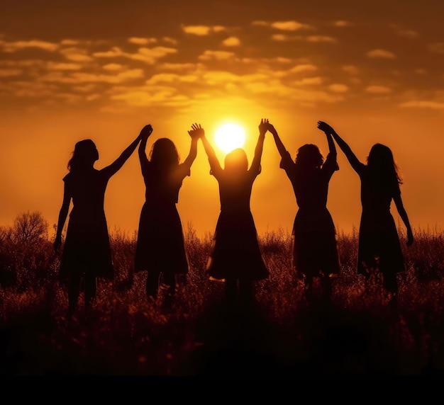 Photo silhouettes d'amis avec les bras levés au coucher du soleil d'été dans la nature