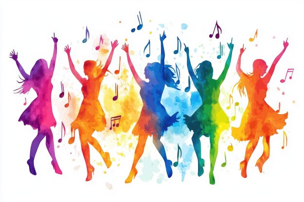Photo des silhouettes d'aquarelles vibrantes dansant sur des notes musicales