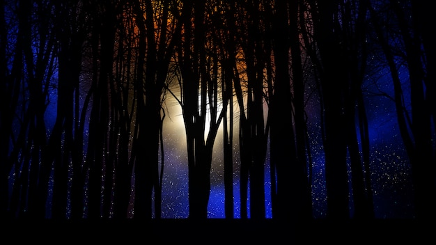 Photo silhouettes d'arbres 3d contre un ciel nocturne