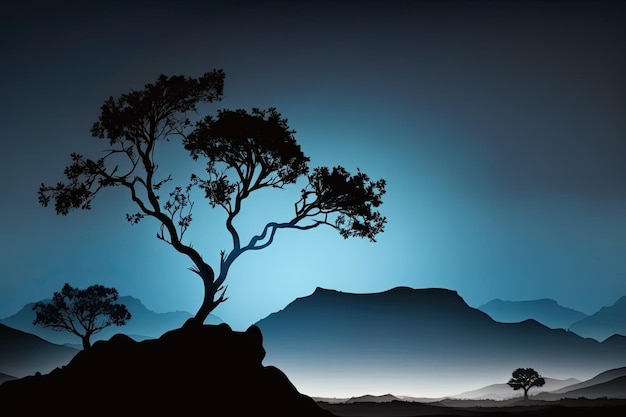 Silhouettes d'arbres contre un ciel nocturne et des montagnes lointaines