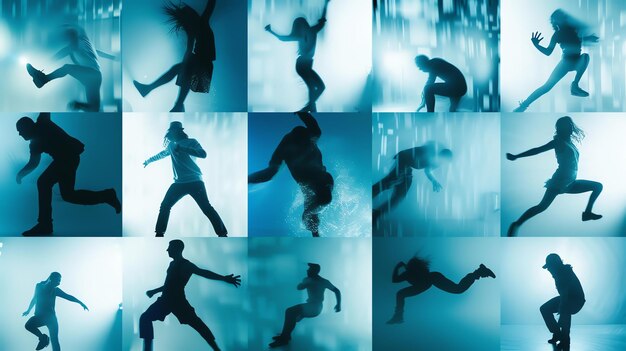 Des silhouettes bleues translucides de personnes dansant dans divers styles Les danseurs comprennent des hommes et des femmes de tous âges