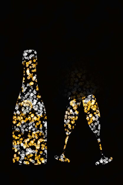 Silhouettes d'une bouteille et de deux flûtes de champagne faites de confettis