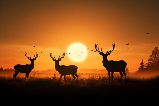 Des silhouettes de cerfs ornent une prairie rayonnante célébrant la faune dans la nature.