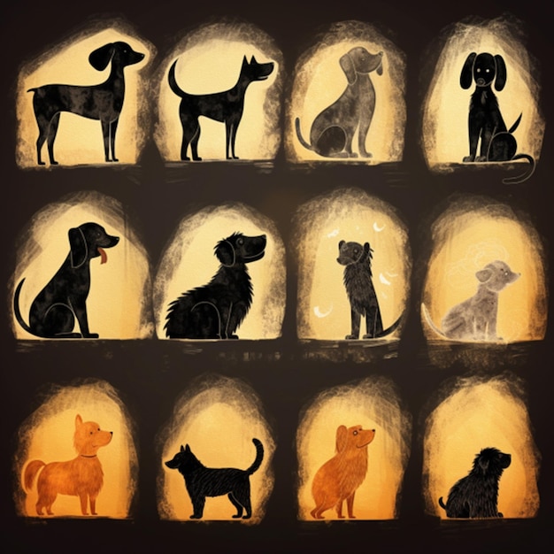 Photo silhouettes de chiens de dessins animés dessinées à la main