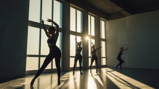 Photo silhouettes d'une classe de danse exécutant des mouvements contemporains dans un studio éclairé par le soleil