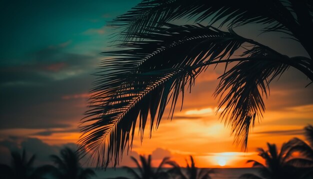 Des silhouettes de couchers de soleil vibrants, des palmiers contre le ciel bleu, un paradis tropical généré par l'intelligence artificielle.