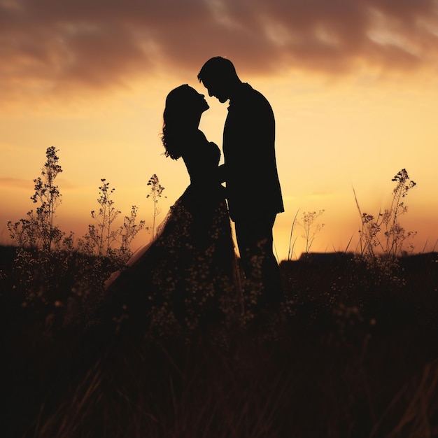 Silhouettes d'un couple de mariage debout le soir