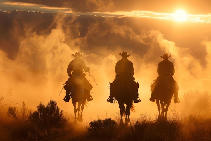 Photo des silhouettes de cow-boys au coucher du soleil chevauchant dans la brume.