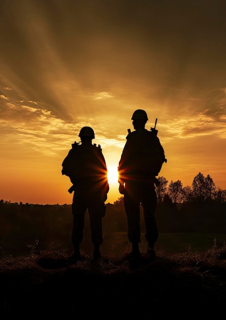 Silhouettes de deux soldats debout contre le ciel au coucher du soleil