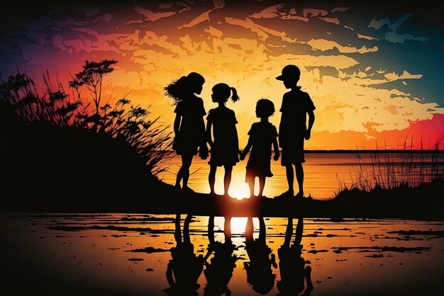 Des silhouettes d'enfants sur une magnifique plage au coucher du soleil