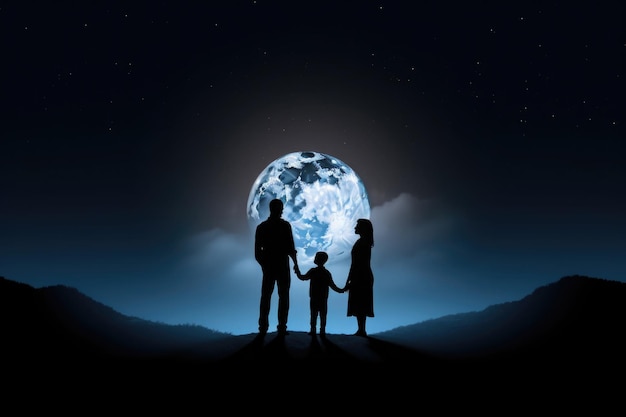 Silhouettes de famille heureuse au clair de lune Homme femme et leurs enfants se promènent dans le paysage nocturne Vie de famille heureuse