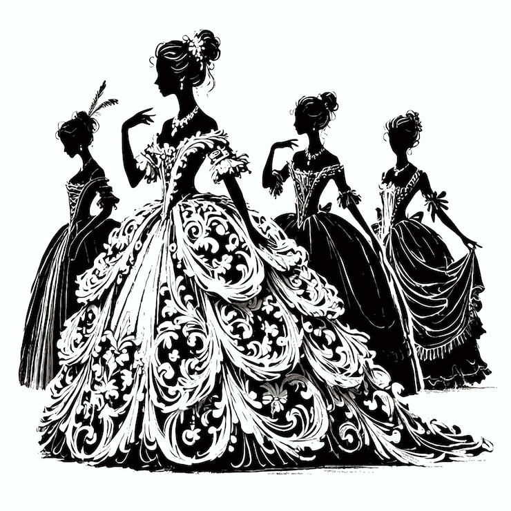 Photo silhouettes de femmes élégantes en robes baroques carte d'invitation vintage avec couple dansant dans la salle de bal