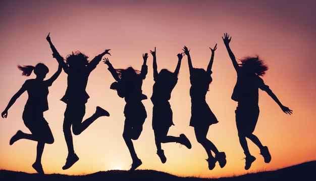 Photo des silhouettes de femmes sautant en l'air avec le soleil derrière elles