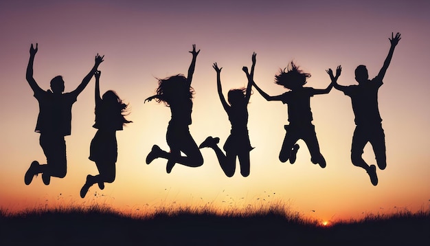 Photo des silhouettes de filles sautant au coucher du soleil
